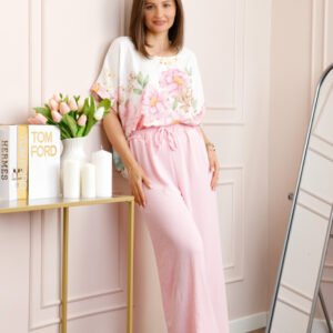 Compleu dama Deborah cu bluza vaporoasa si pantaloni largi - Roz pastel