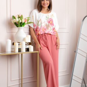 Compleu dama Deborah cu bluza vaporoasa si pantaloni largi - Roz somon