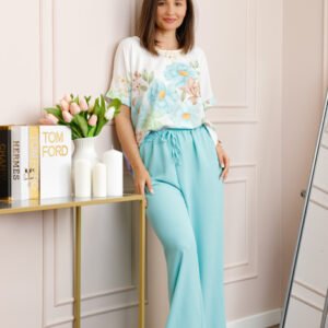 Compleu dama Deborah cu bluza vaporoasa si pantaloni largi - Turcoaz deschis