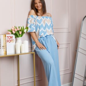 Compleu dama Eleanor cu bluza vaporoasa si pantaloni largi - Bleu