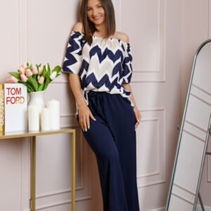 Compleu dama Eleanor cu bluza vaporoasa si pantaloni largi - Bleumarin