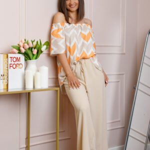 Compleu dama Eleanor cu bluza vaporoasa si pantaloni largi - Crem