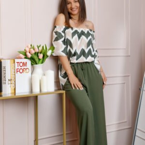 Compleu dama Eleanor cu bluza vaporoasa si pantaloni largi - Kaki