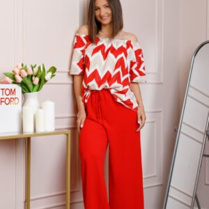 Compleu dama Eleanor cu bluza vaporoasa si pantaloni largi - Rosu