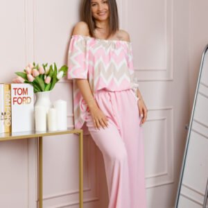 Compleu dama Eleanor cu bluza vaporoasa si pantaloni largi - Roz pastel