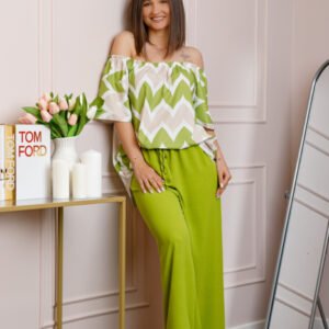 Compleu dama Eleanor cu bluza vaporoasa si pantaloni largi - Verde lime