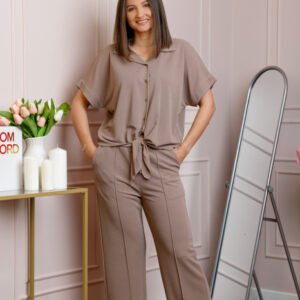 Compleu dama bej cu pantaloni largi si bluza cu nod Abigail
