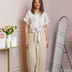 Compleu dama bej cu pantaloni largi si bluza cu nod Candice
