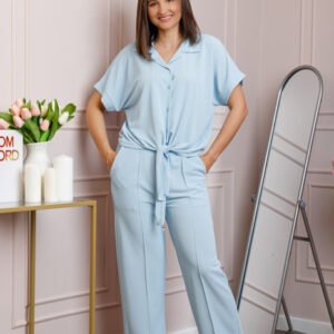 Compleu dama bleu cu pantaloni largi si bluza cu nod Abigail