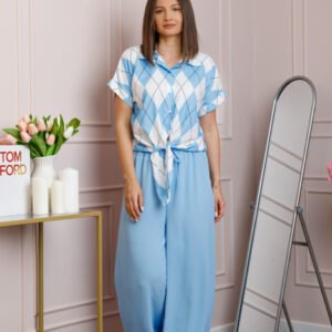 Compleu dama bleu cu pantaloni largi si bluza cu nod Candice