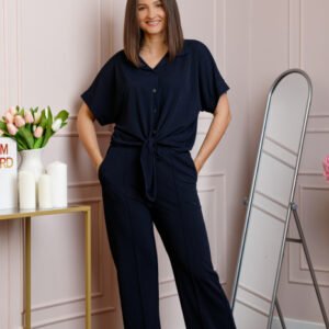 Compleu dama bleumarin cu pantaloni largi si bluza cu nod Abigail