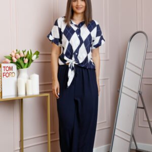 Compleu dama bleumarin cu pantaloni largi si bluza cu nod Candice