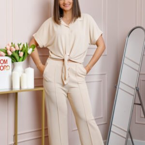 Compleu dama crem cu pantaloni largi si bluza cu nod Abigail
