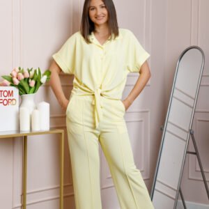 Compleu dama galben pastel cu pantaloni largi si bluza cu nod Abigail