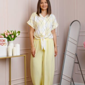 Compleu dama galben pastel cu pantaloni largi si bluza cu nod Candice