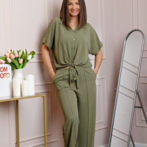 Compleu dama kaki cu pantaloni largi si bluza cu nod Abigail