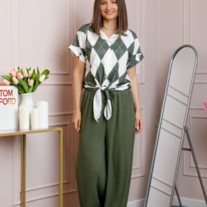 Compleu dama kaki cu pantaloni largi si bluza cu nod Candice