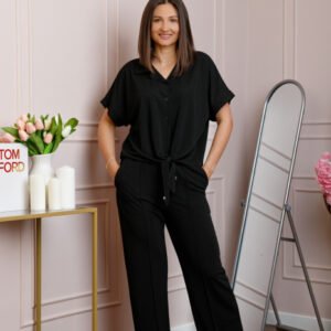 Compleu dama negru cu pantaloni largi si bluza cu nod Abigail