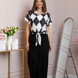 Compleu dama negru cu pantaloni largi si bluza cu nod Candice