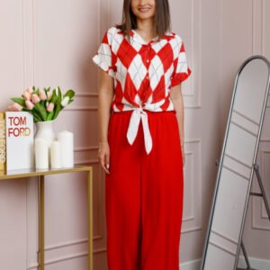 Compleu dama rosu cu pantaloni largi si bluza cu nod Candice
