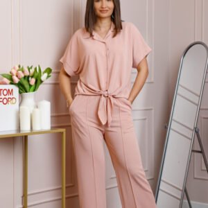 Compleu dama roz pastel cu pantaloni largi si bluza cu nod Abigail