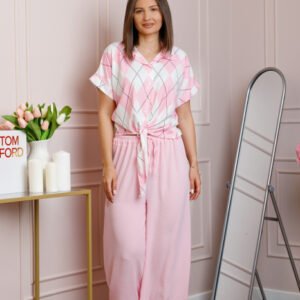 Compleu dama roz pastel cu pantaloni largi si bluza cu nod Candice