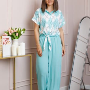 Compleu dama turcoaz deschis cu pantaloni largi si bluza cu nod Candice