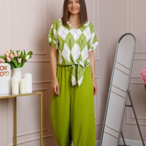 Compleu dama verde lime cu pantaloni largi si bluza cu nod Candice
