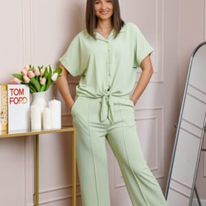 Compleu dama verde pastel cu pantaloni largi si bluza cu nod Abigail