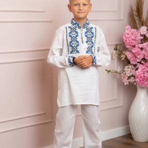 Compleu traditional alb pentru baieti cu motiv floral albastru Dominic