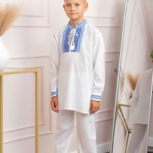 Compleu traditional alb pentru baieti cu motiv floral albastru Robert 01