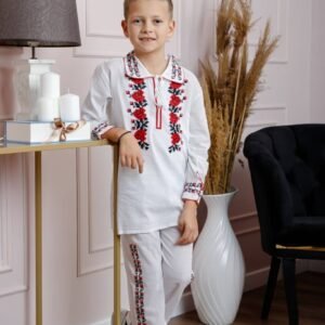 Compleu traditional alb pentru baieti cu motiv floral rosu Calin