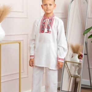Compleu traditional alb pentru baieti cu motiv floral rosu Robert 02