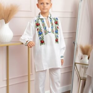 Compleu traditional alb pentru baieti cu motiv floral tricolor Paul