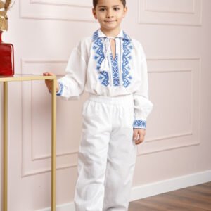 Compleu traditional alb pentru baieti cu motiv geometric albastru Alexandru