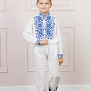 Compleu traditional alb pentru baieti cu motiv geometric albastru Emil 01