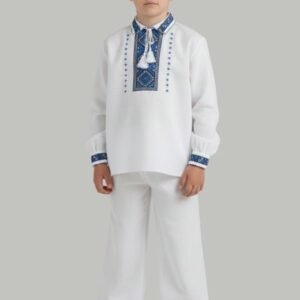 Compleu traditional alb pentru baieti cu motiv geometric albastru Stefan