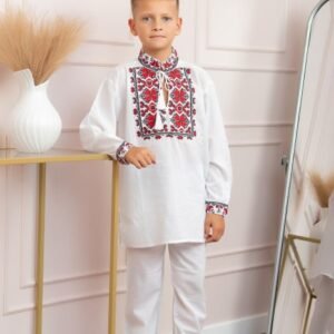 Compleu traditional alb pentru baieti cu motiv geometric rosu Emil 02