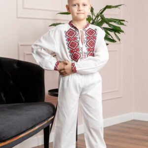 Compleu traditional alb pentru baieti cu motiv geometric rosu Radu