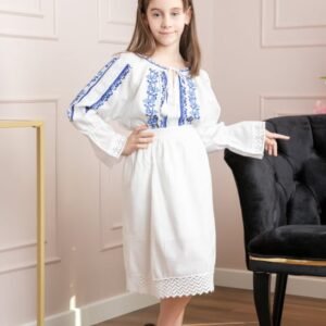 Compleu traditional alb pentru fetite cu motiv floral albastru Oana