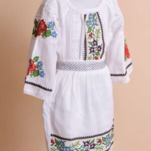 Compleu traditional alb pentru fetite cu motiv floral multicolor Bianca