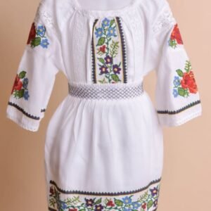 Compleu traditional alb pentru fetite cu motiv floral multicolor Bianca