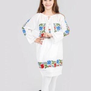 Compleu traditional alb pentru fetite cu motiv floral multicolor Florina