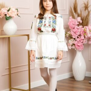 Compleu traditional alb pentru fetite cu motiv floral multicolor Ines