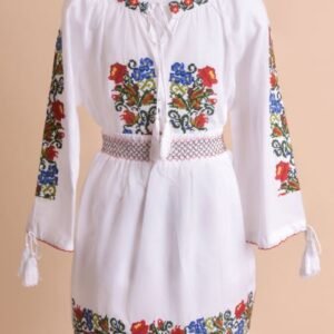Compleu traditional alb pentru fetite cu motiv floral multicolor Iustina
