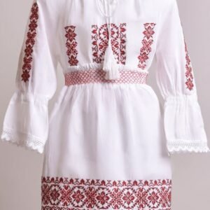 Compleu traditional alb pentru fetite cu motiv floral rosu Carina