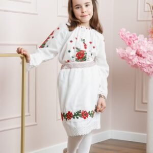 Compleu traditional alb pentru fetite cu motiv floral rosu Darina