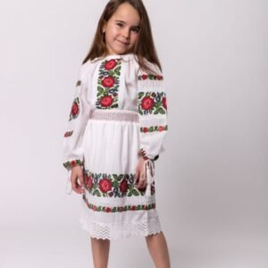 Compleu traditional alb pentru fetite cu motiv floral rosu Emma