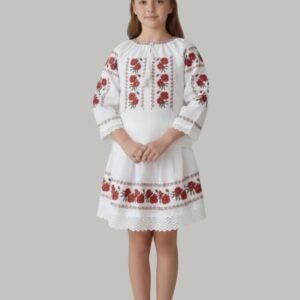 Compleu traditional alb pentru fetite cu motiv floral rosu Ilona