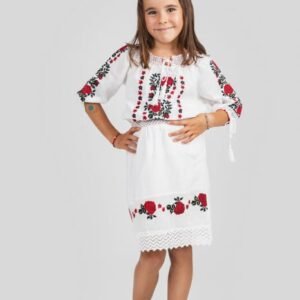 Compleu traditional alb pentru fetite cu motiv floral rosu Maria
